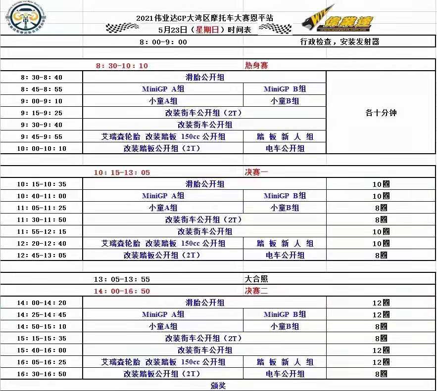 2021年偉業(yè)達(dá)GP大灣區(qū)摩托車大賽恩平站&mdash;&mdash;賽事時間表